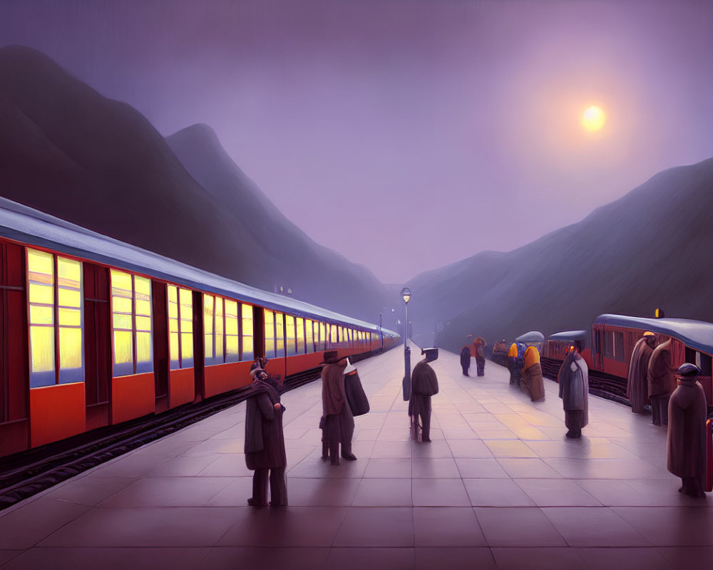 Vintage-style illustration: People on train platform at dusk with glowing carriage, mountainous backdrop, amber sky