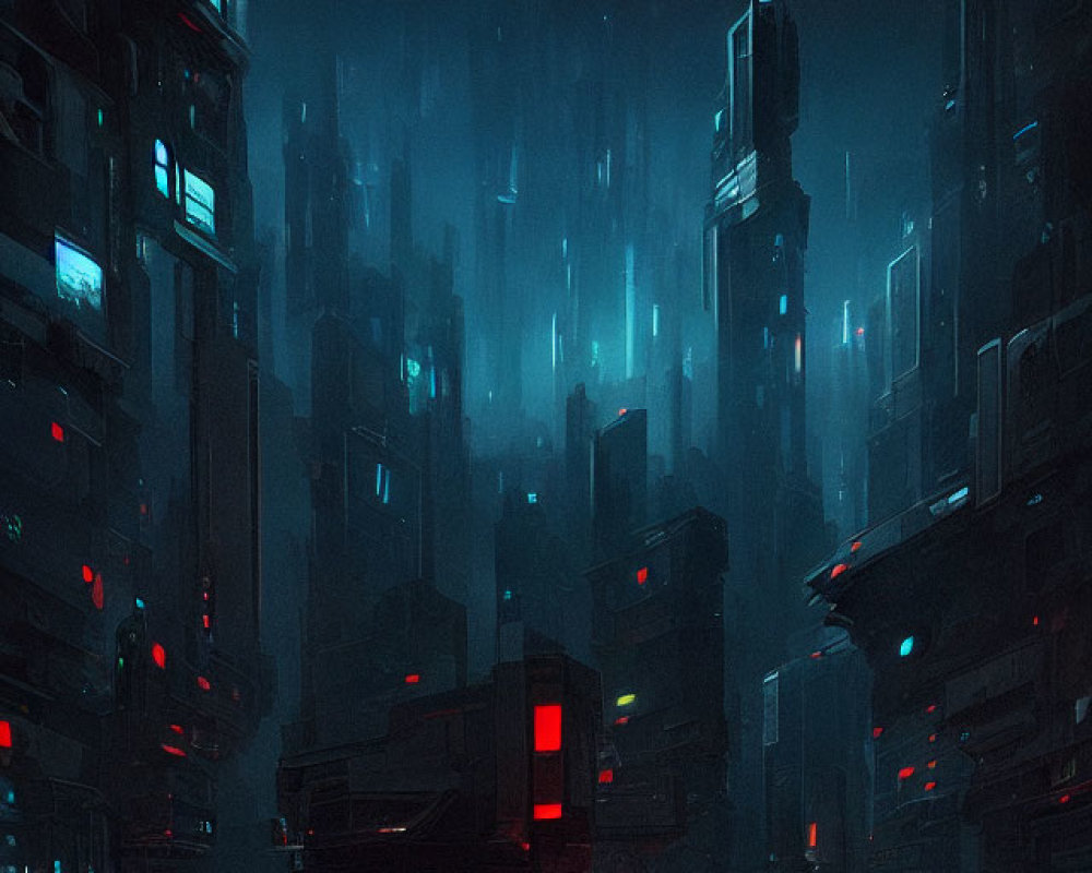 Futuristic night cityscape with glowing skyscrapers in misty sky