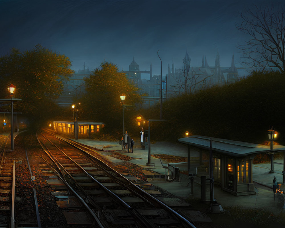 Quiet train station scene with warm lights, passengers, and misty cityscape