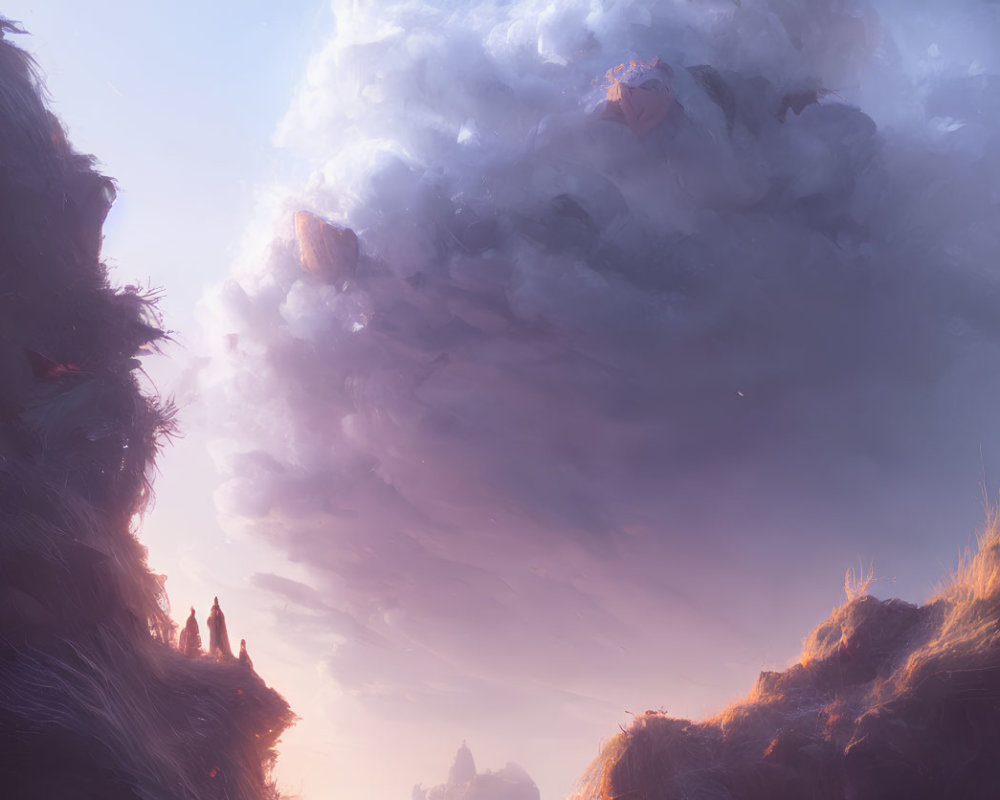 Fantastical landscape with floating islands and silhouettes in a purple and pink sky