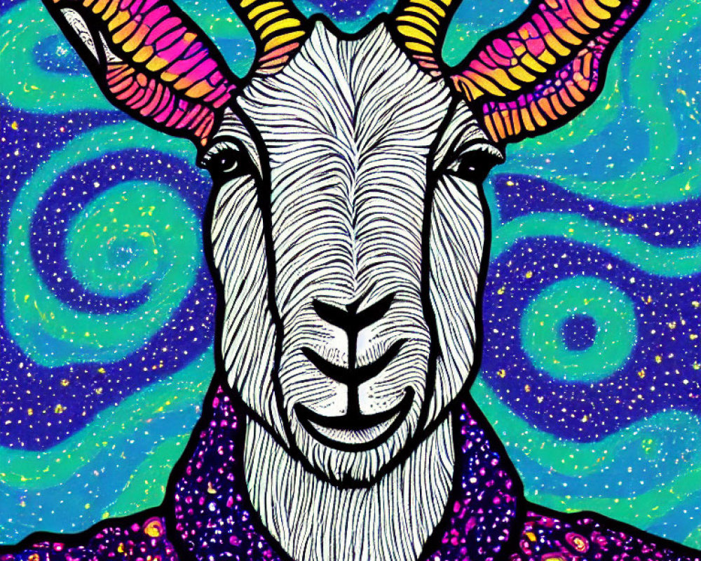 Vibrant goat portrait with starry background and patterned shirt