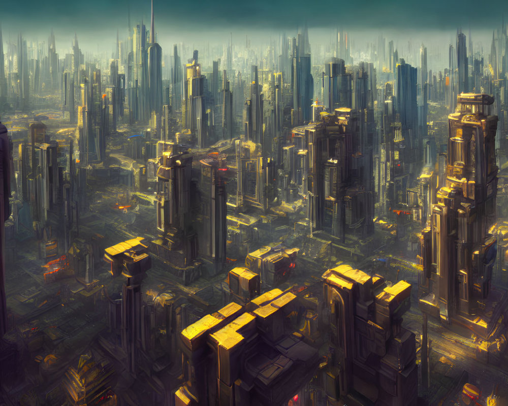 Futuristic cityscape at dusk with towering skyscrapers
