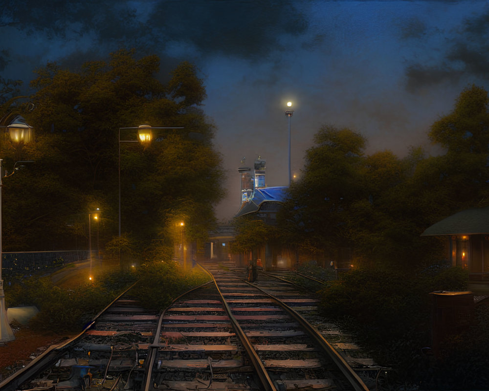 Tranquil night view: railway track, illuminated tower, streetlamps, shelter, dusky
