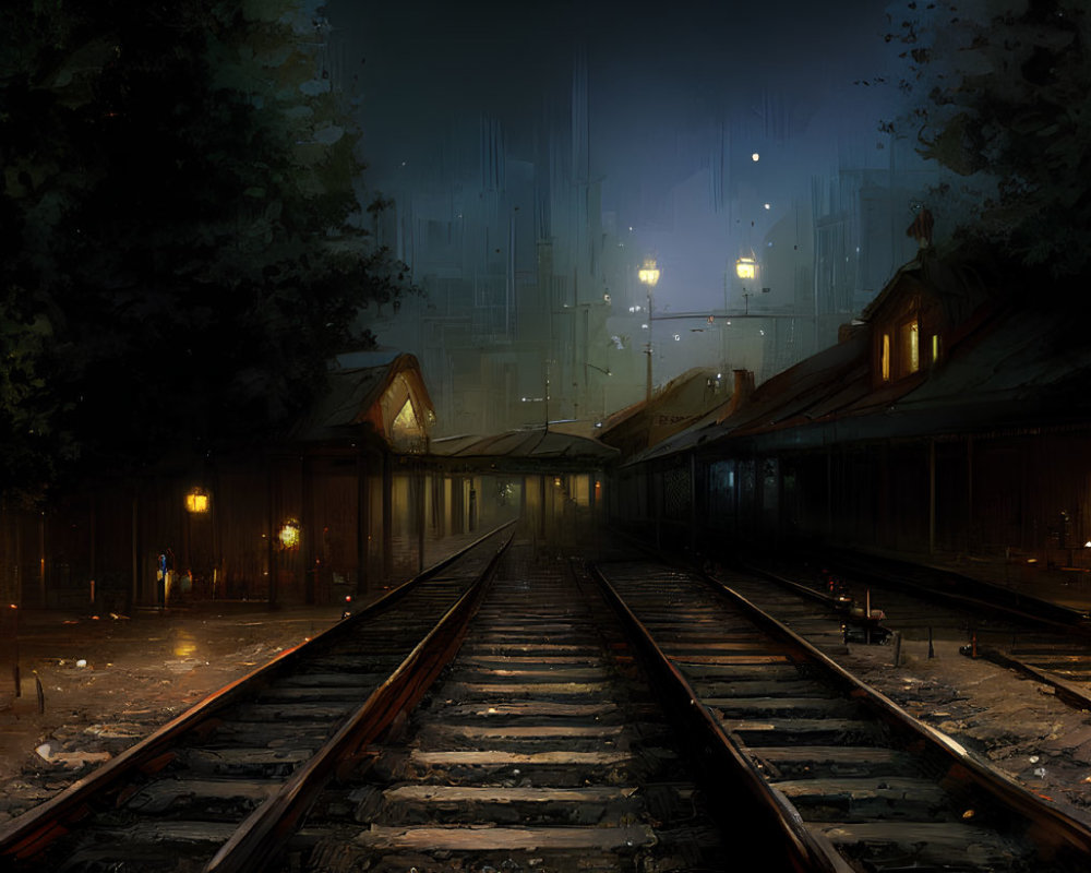 Deserted Railway Station Night Scene with Misty Cityscape