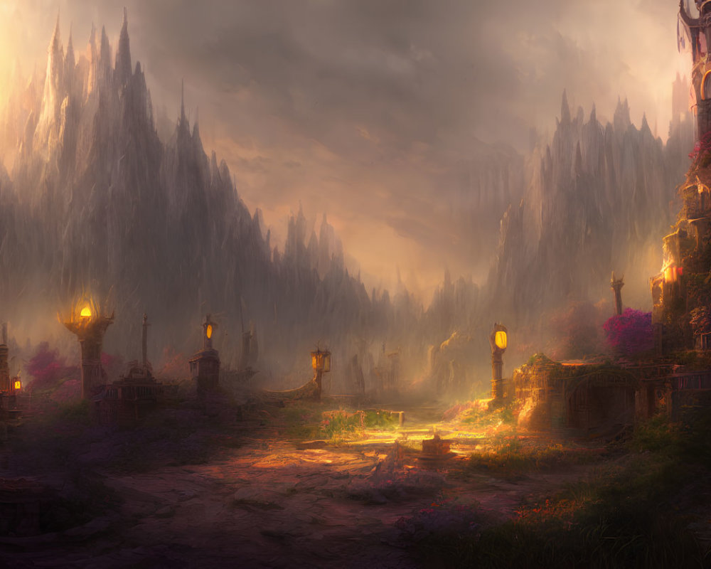 Golden-hued mystical landscape with illuminated towers and ancient ruins.