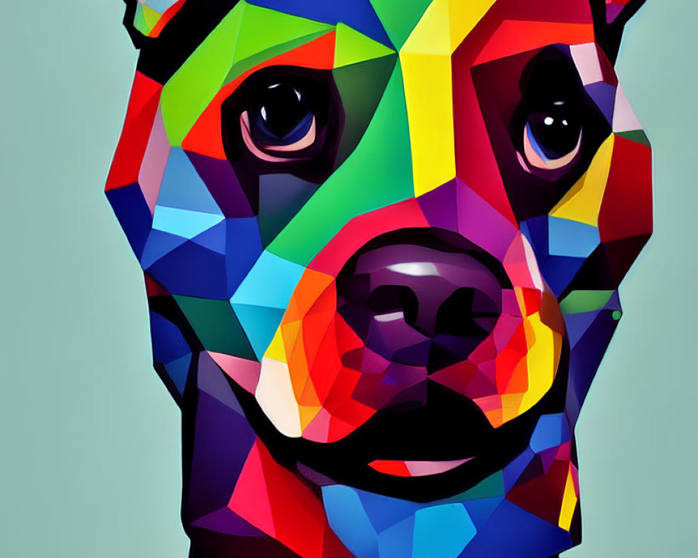 Vibrant geometric dog head mosaic on teal background