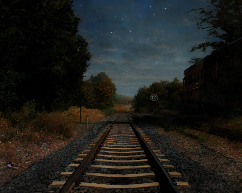 Deserted railroad tracks and old train carriage under dusky starry sky