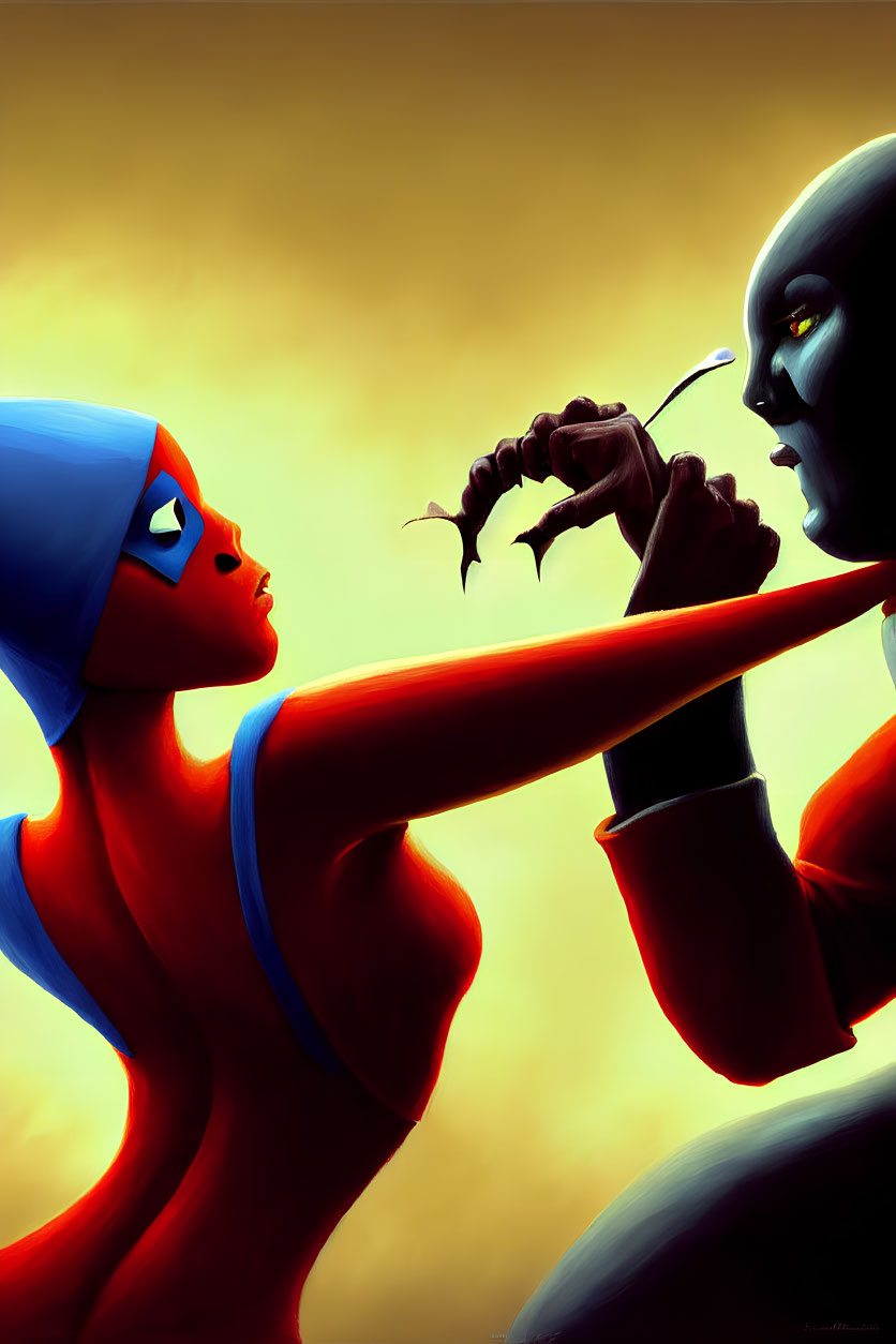 Animated characters in intense stare-down: female in red outfit with blue hood vs. male with dark skin