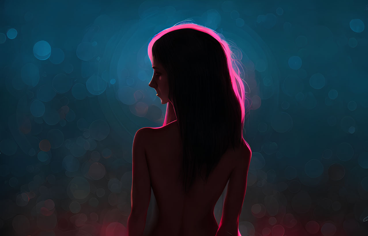 Silhouette of woman with neon outline on bokeh blue background