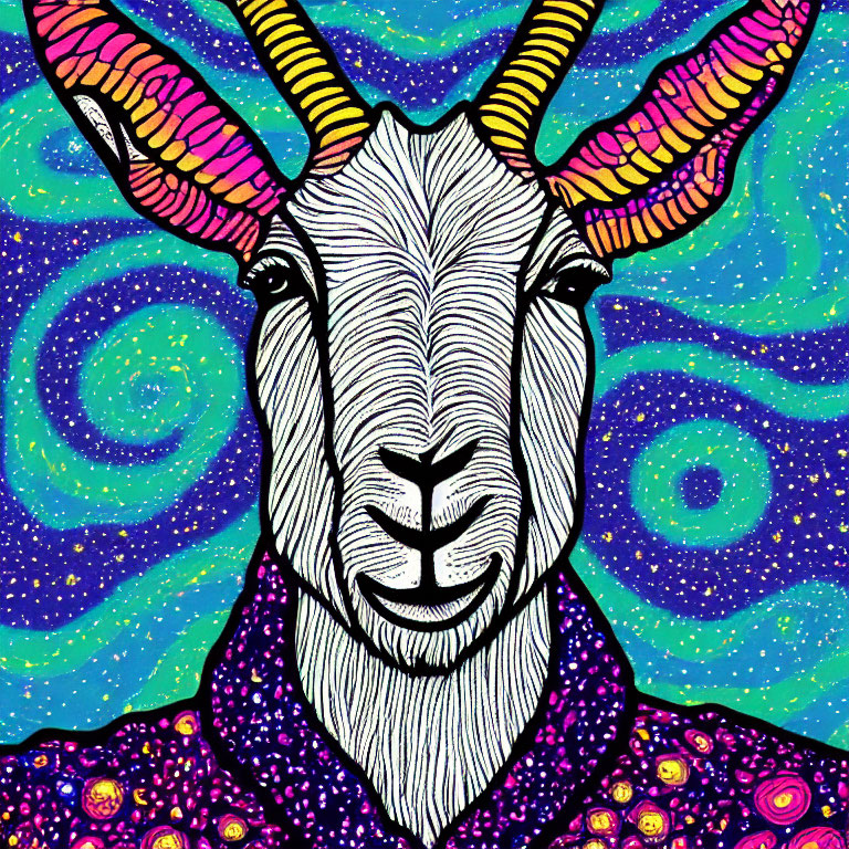 Vibrant goat portrait with starry background and patterned shirt