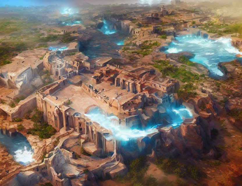 Fantastical landscape with ancient desert city, glowing waterfalls, rivers, and hazy sky