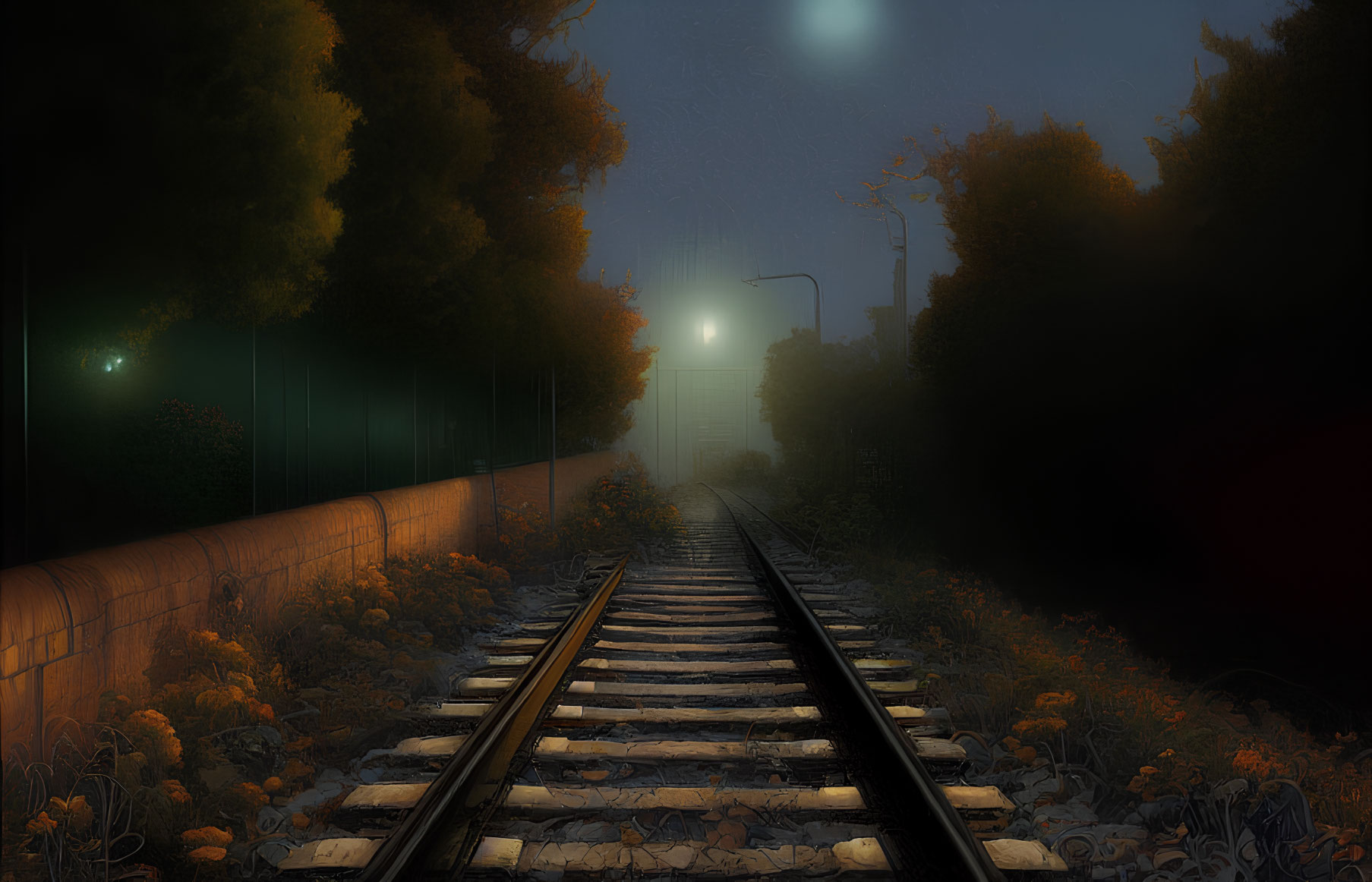 Nighttime railroad tracks bordered by trees and streetlights, with orange flowers.
