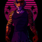 Anthropomorphic tiger in purple coat against pink circle backdrop with tree silhouettes