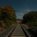 Autumn trees and railway tracks under starry night sky