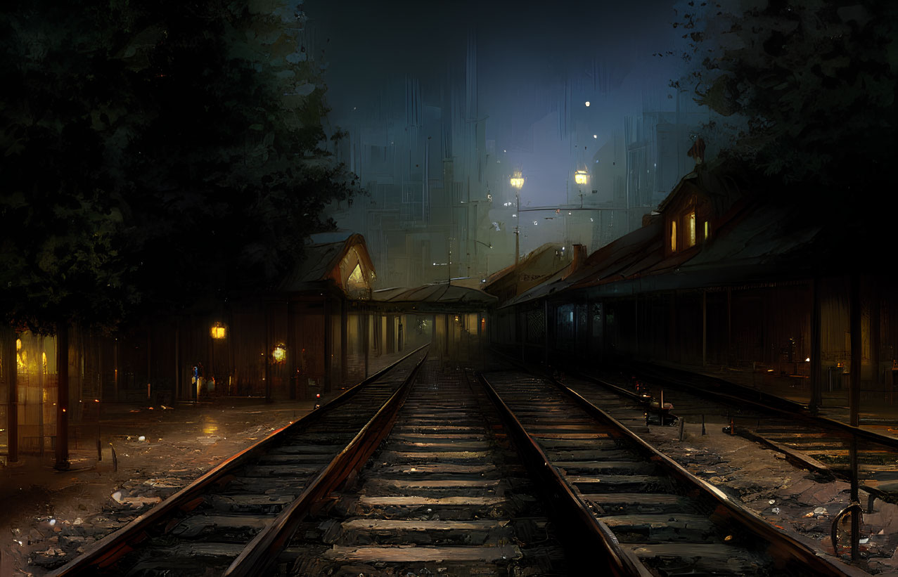 Deserted Railway Station Night Scene with Misty Cityscape