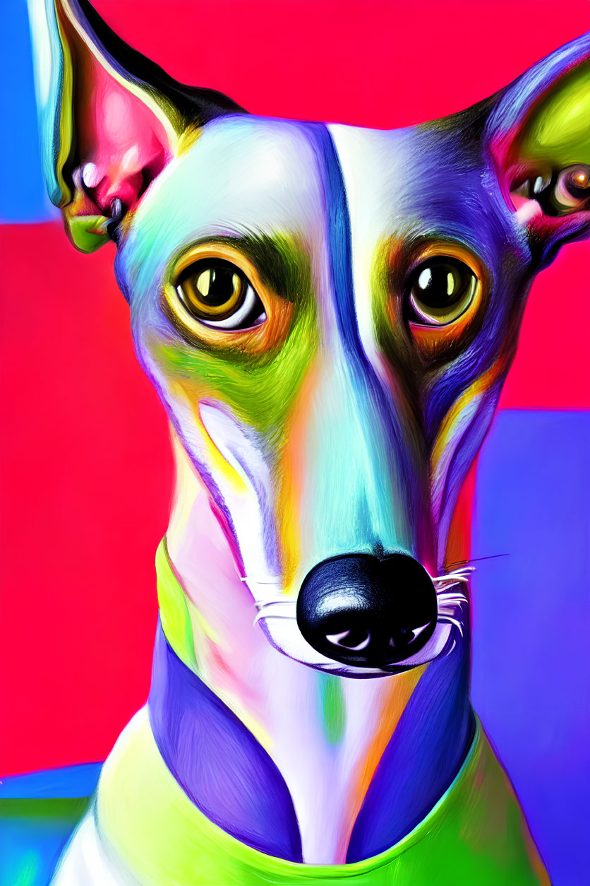 Vibrant Dog Portrait with Blue, Green, Yellow, and Pink Colors