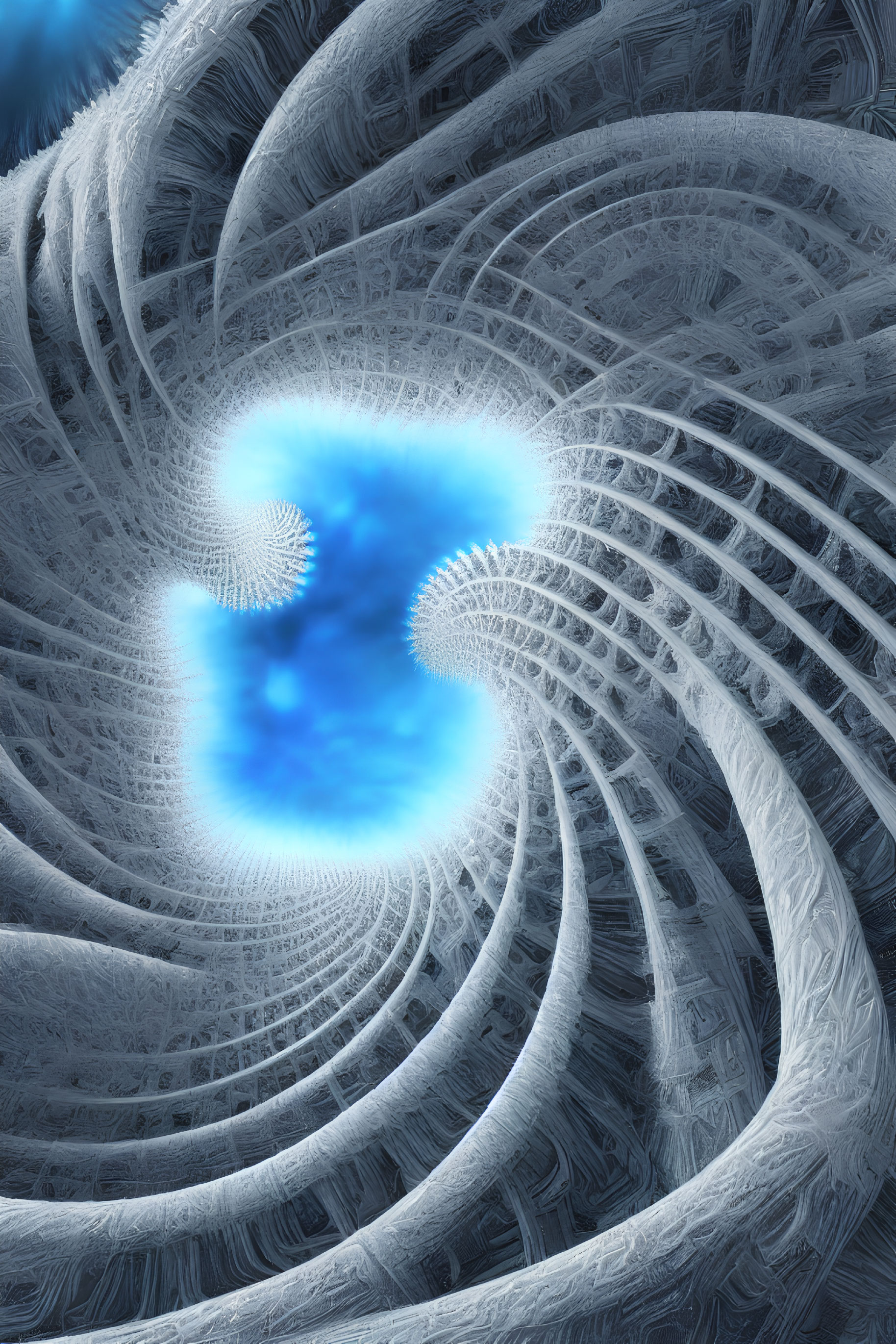 Intricate fractal design with spiraling patterns and glowing blue core