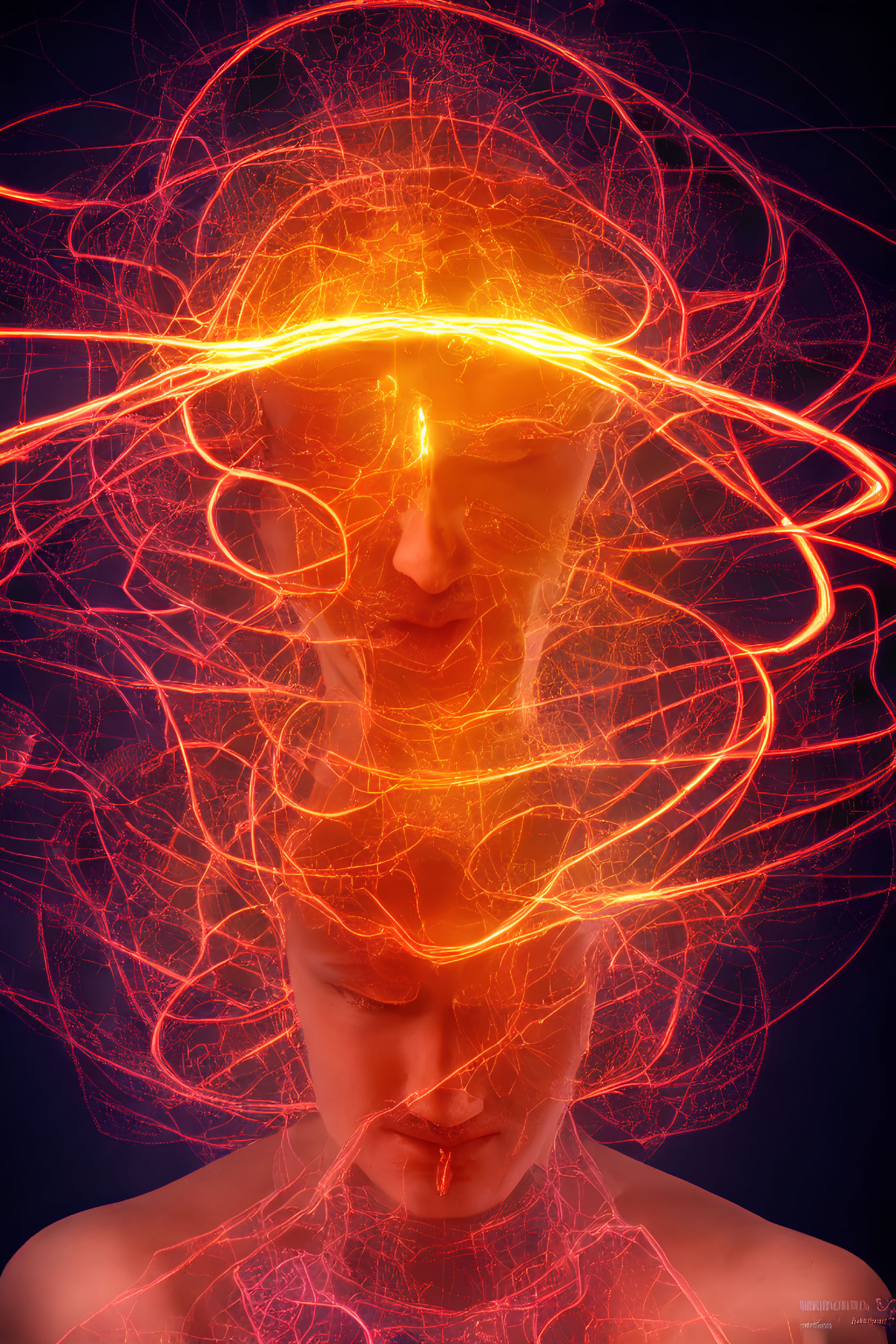 Digital abstract art: Human figure with glowing energy lines around head