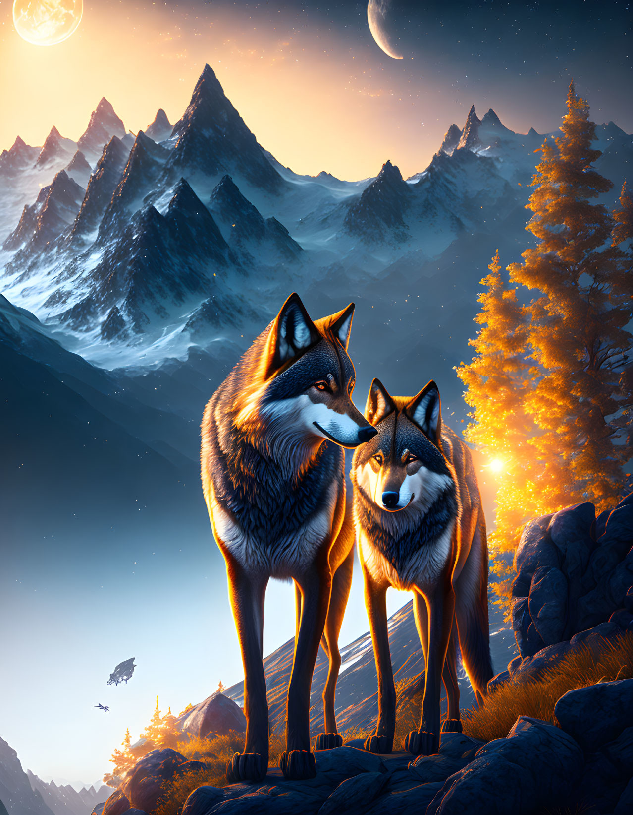 Two Wolves on Rocky Outcrop at Dusk with Mountain Backdrop