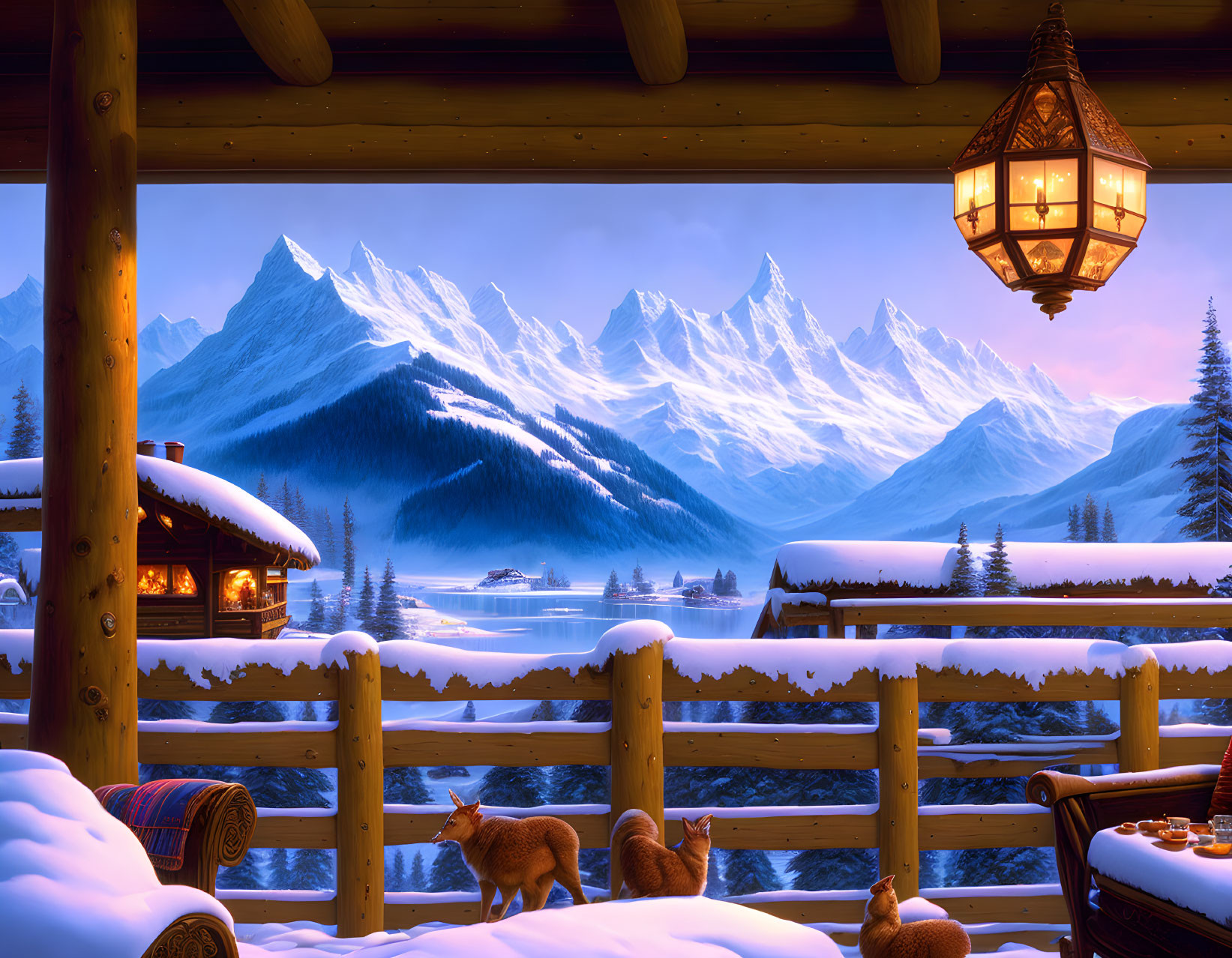 Snowy mountain cabin view with lantern, foxes, and lake