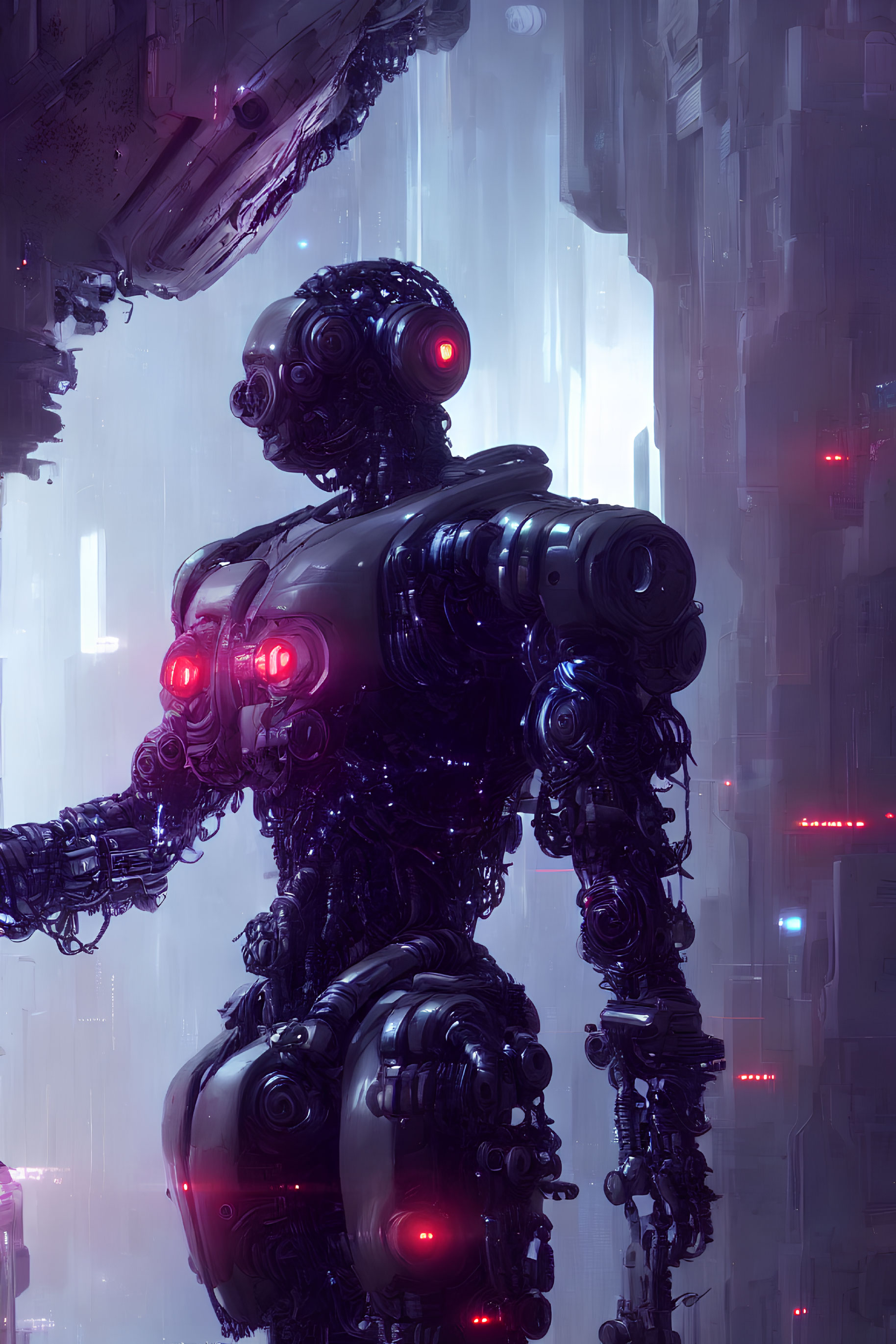 Detailed robotic figure with red lights in futuristic cityscape