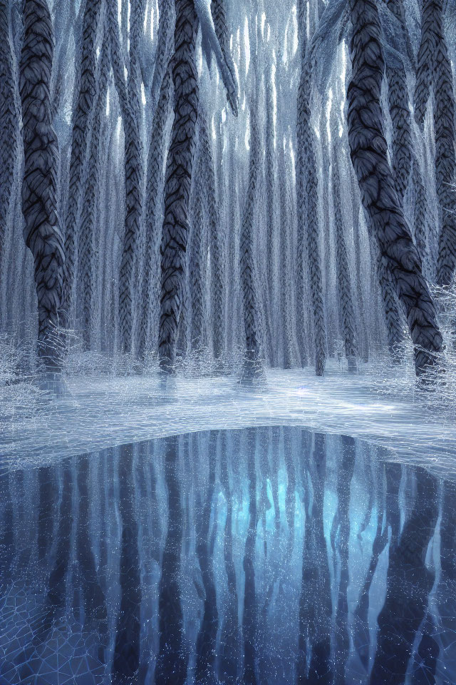 Frozen forest with tall, twisted trees reflected on icy surface