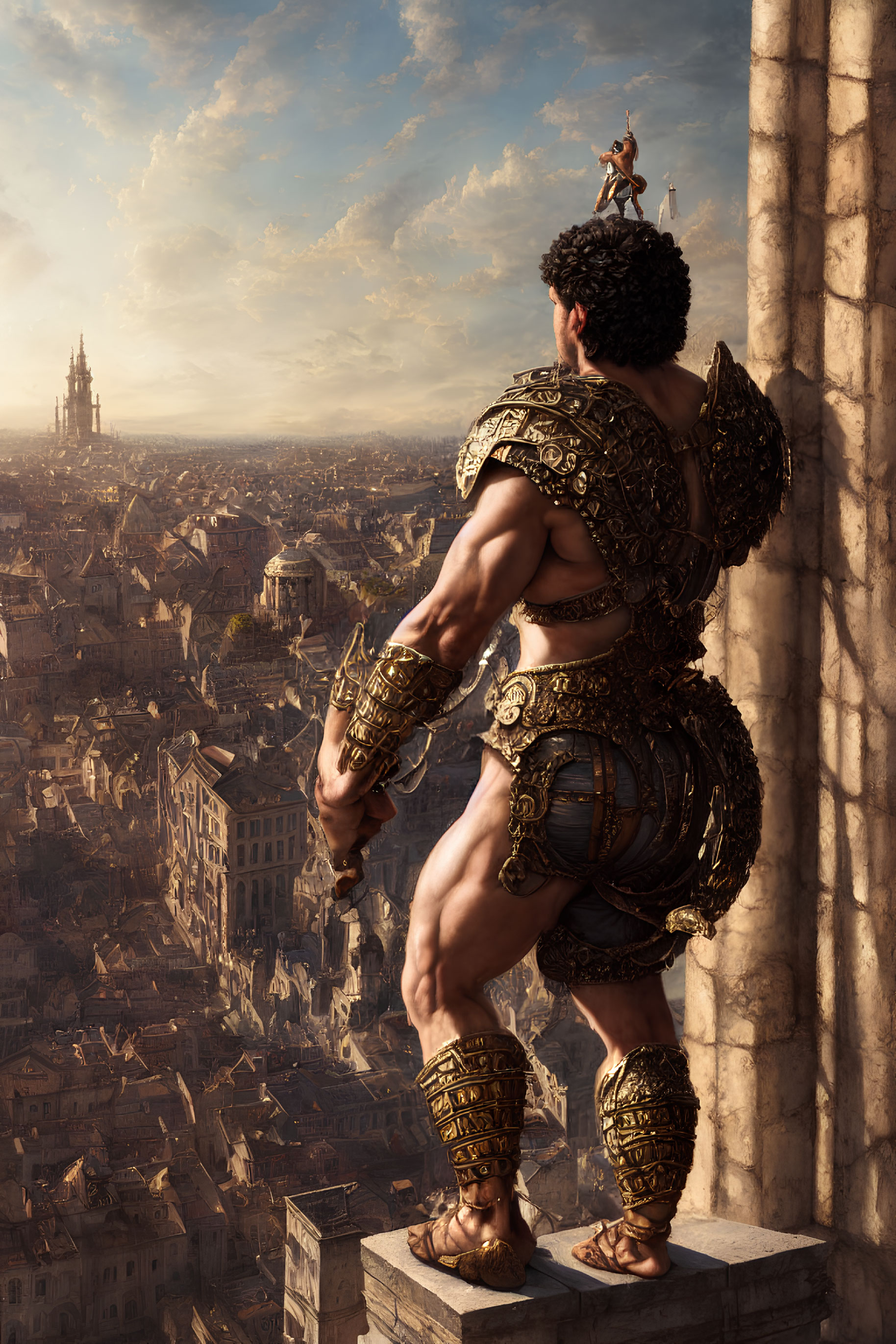 Muscular warrior in ornate armor overlooking ancient cityscape with small figure on shoulder