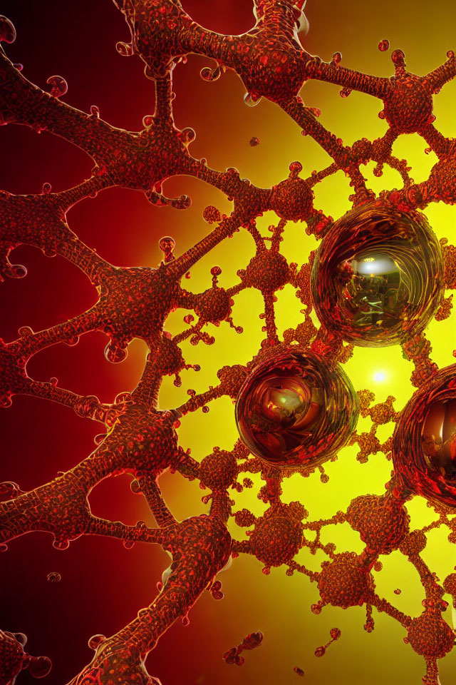 Fractal art with branching structures and reflective spheres on red and yellow gradient.