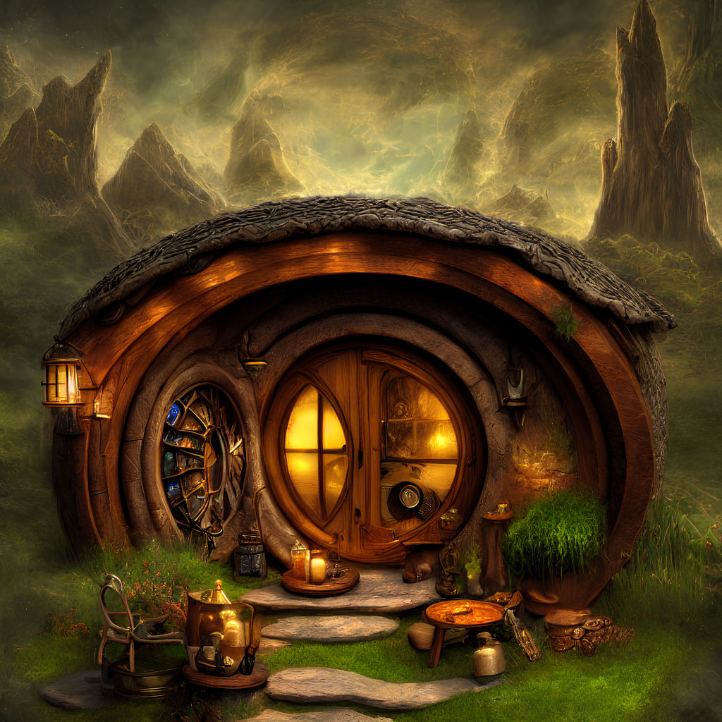Cozy hobbit-style house in mystical mountain landscape