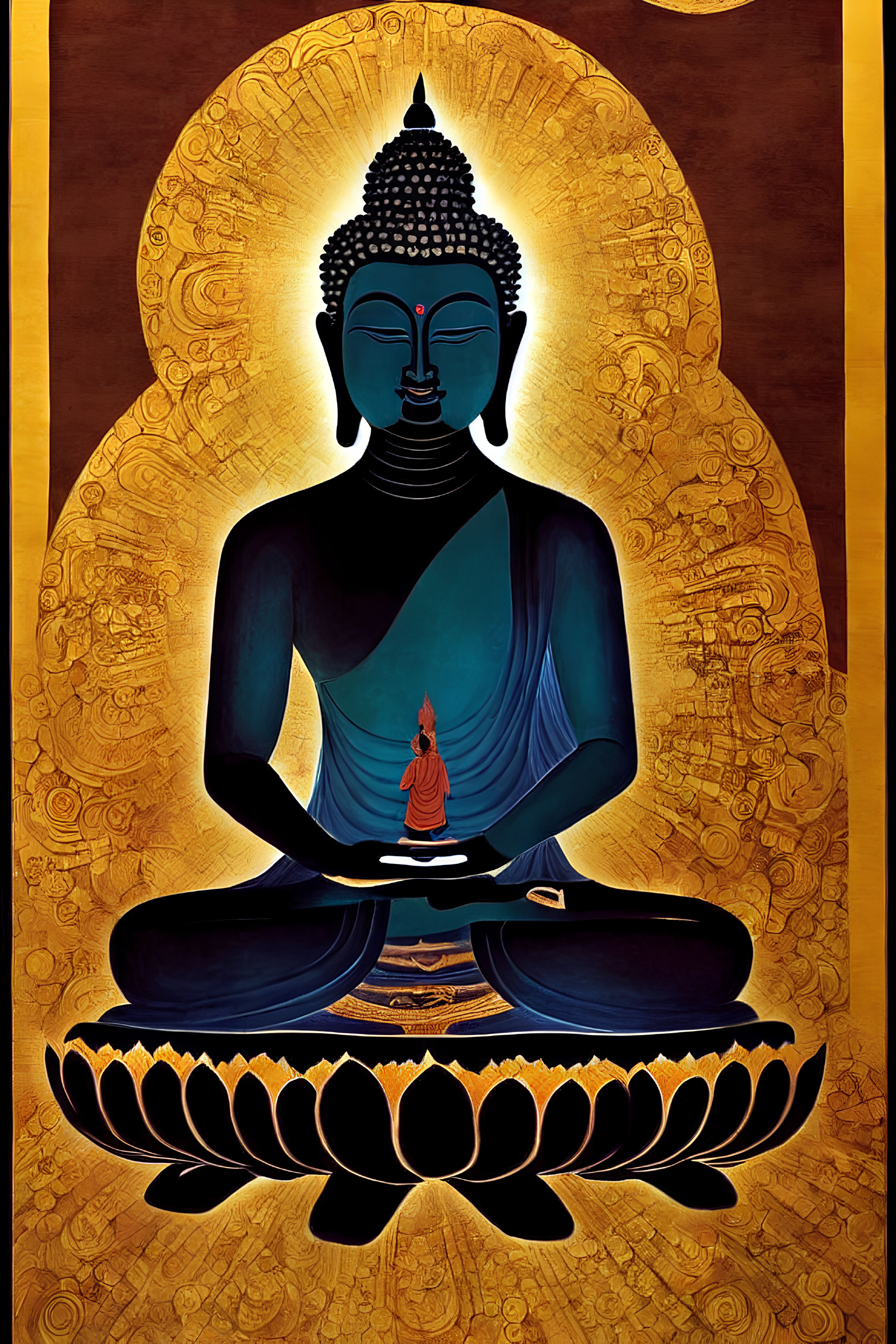 Vibrant painting of blue Buddha with golden halo meditating on black lotus