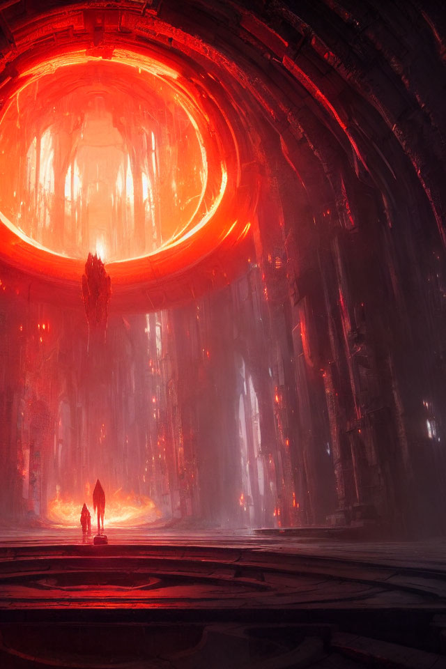 Two figures in vast circular hall with glowing red orb, towering pillars, and intricate ceiling.