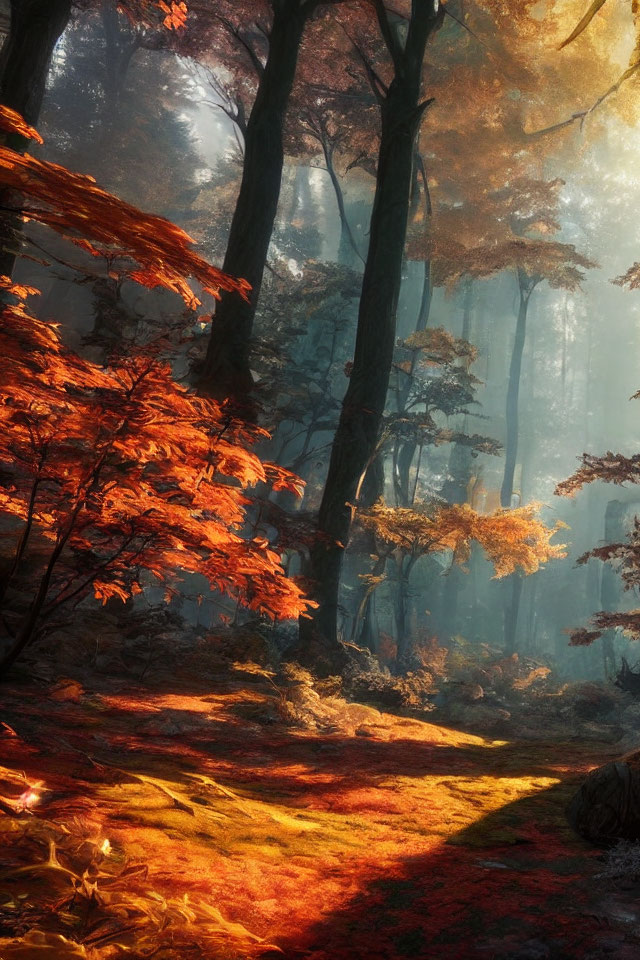 Sunlit Autumn Forest Scene with Red and Orange Leaves
