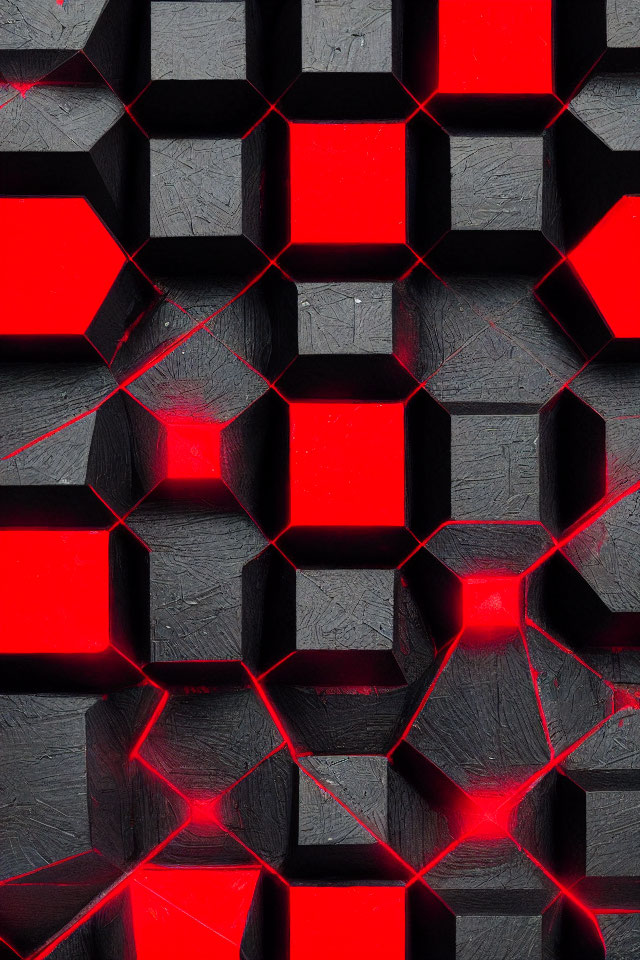 Futuristic black cube pattern with red neon lighting