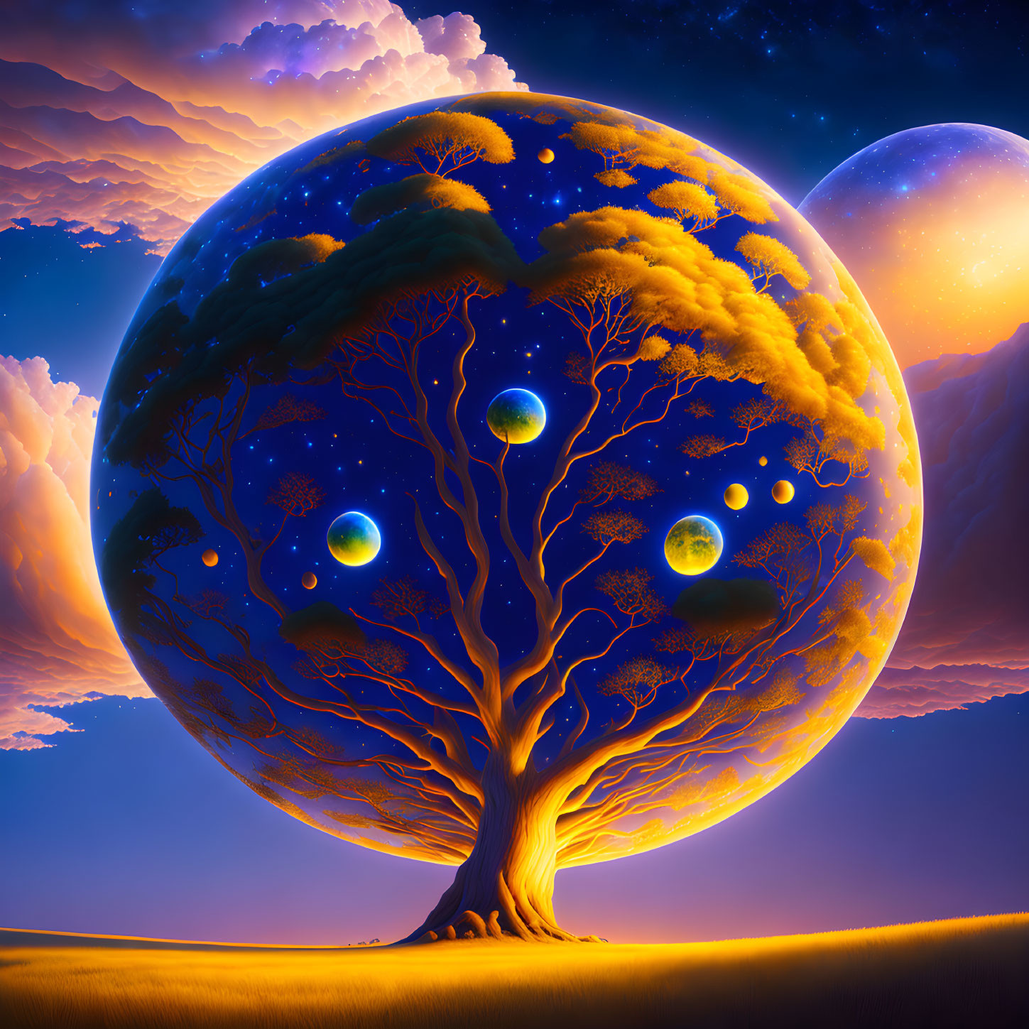 Surreal artwork: Colossal tree, glowing orbs, celestial bodies in twilight sky