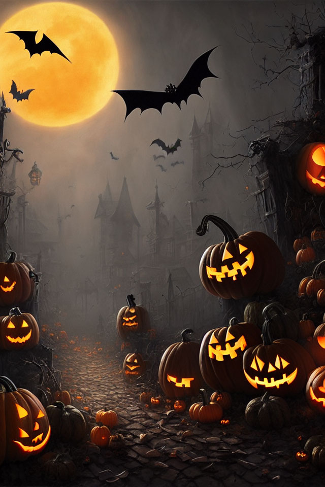 Halloween Scene: Carved Pumpkins, Bats, Full Moon, Eerie Village