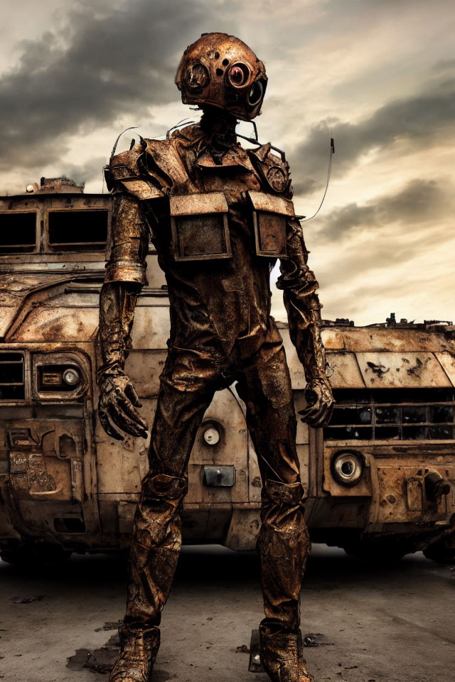 Distressed person in rusty robotic suit near decrepit bus under dramatic sky
