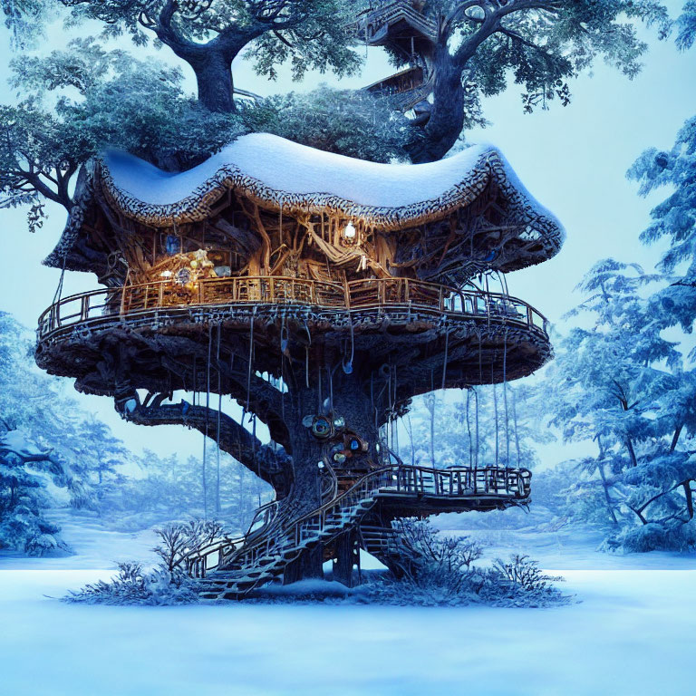 Snow-covered treehouse at night in wintry forest with bridge and swing