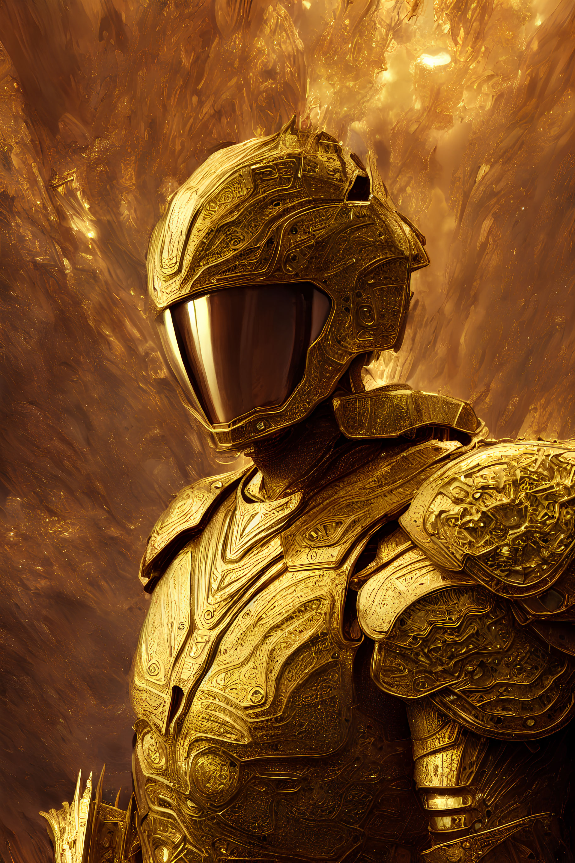 Intricate Golden Armor on Fiery Background