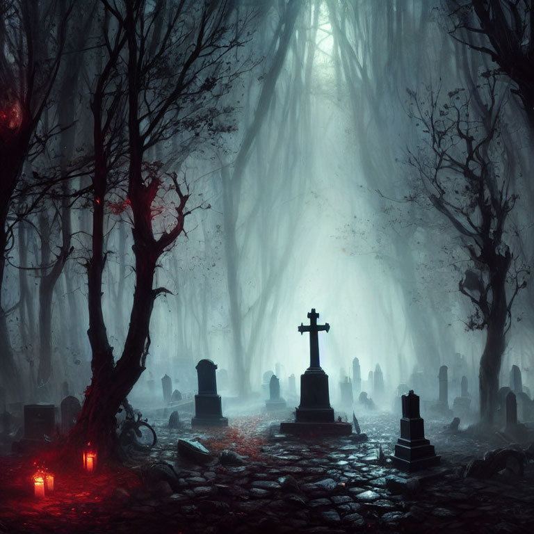 Foggy graveyard at night with cross, tombstones, eerie trees, and red candles