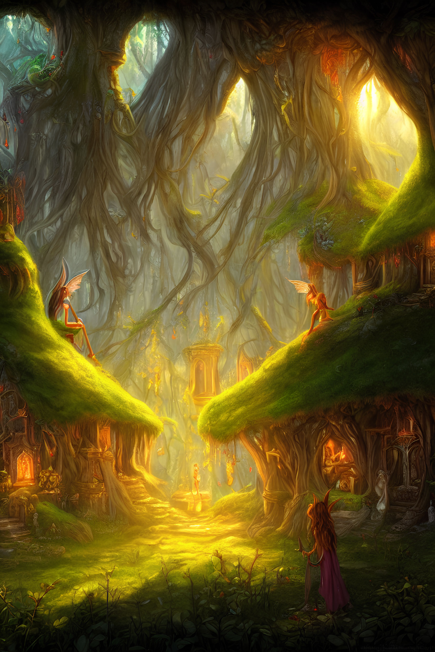 Moss-Covered Trees and Glowing Lanterns in Enchanting Forest