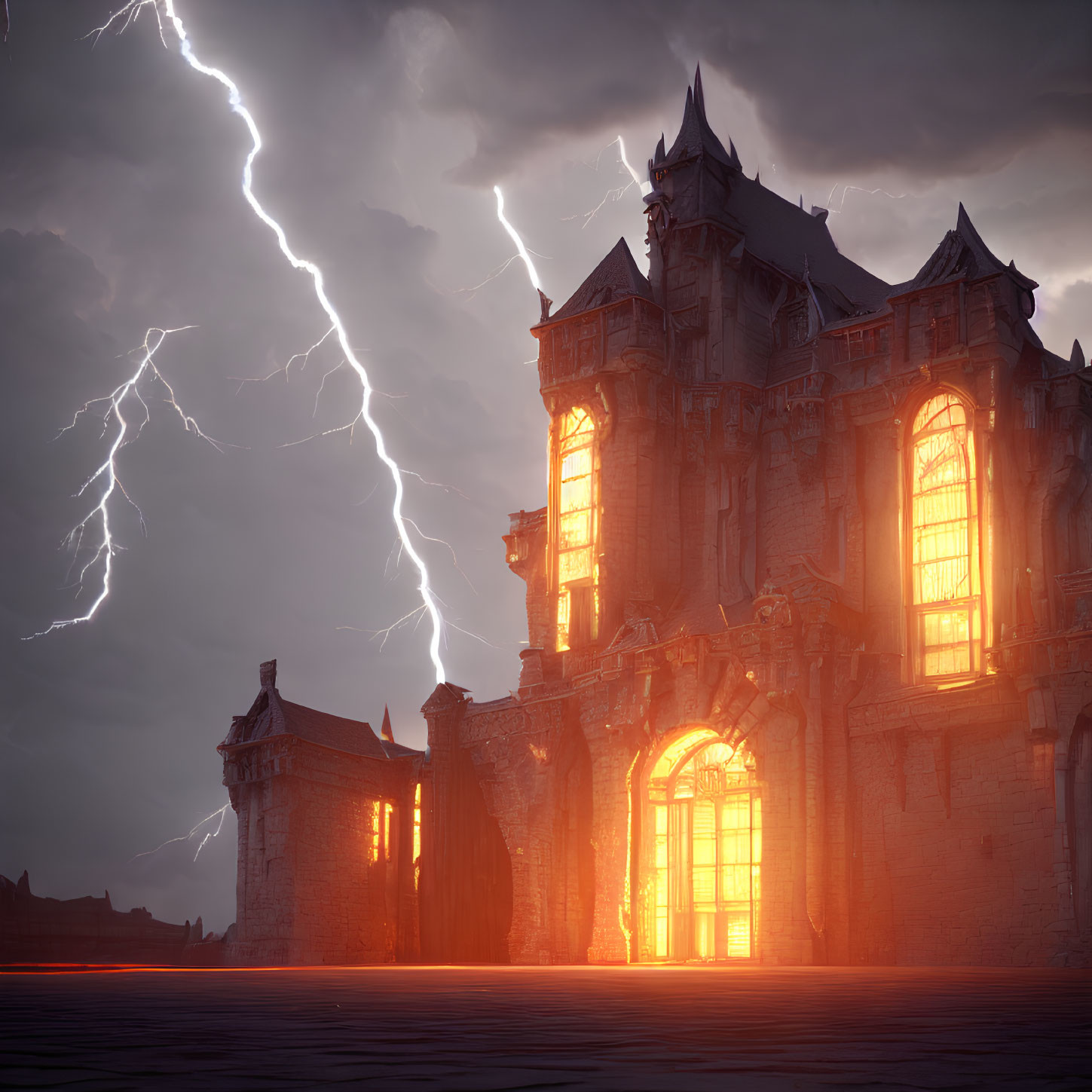 Gothic-style castle illuminated in stormy lightning.