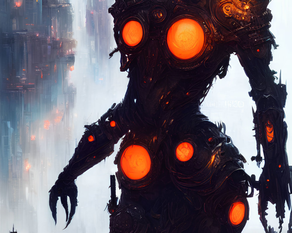 Glowing orange circles on dark humanoid figure in futuristic cityscape