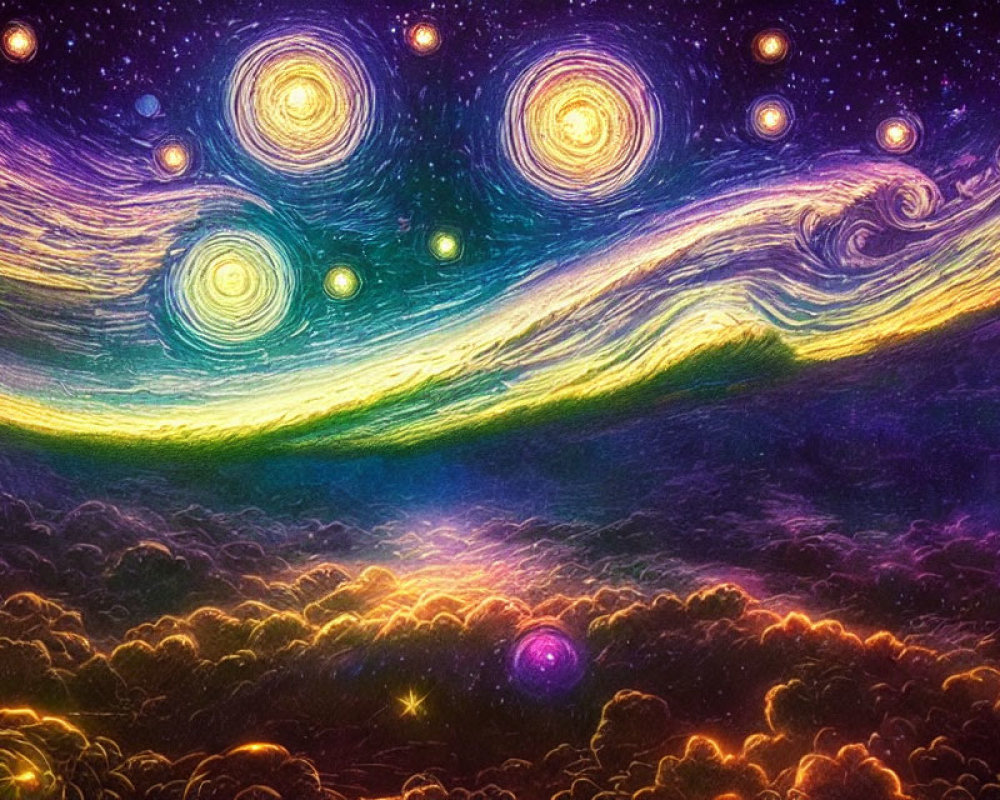 Colorful cosmic painting: swirling galaxies, stars, and clouds in radiant hues