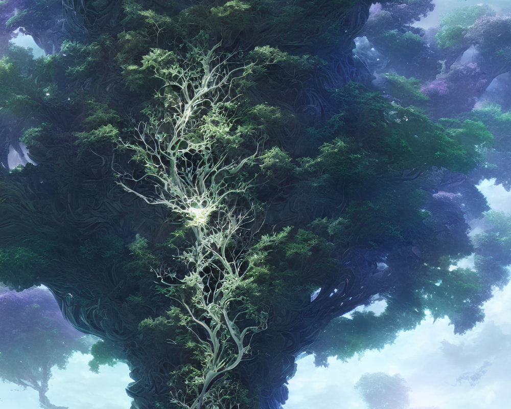 Majestic fantasy tree with glowing branches under mystical sky