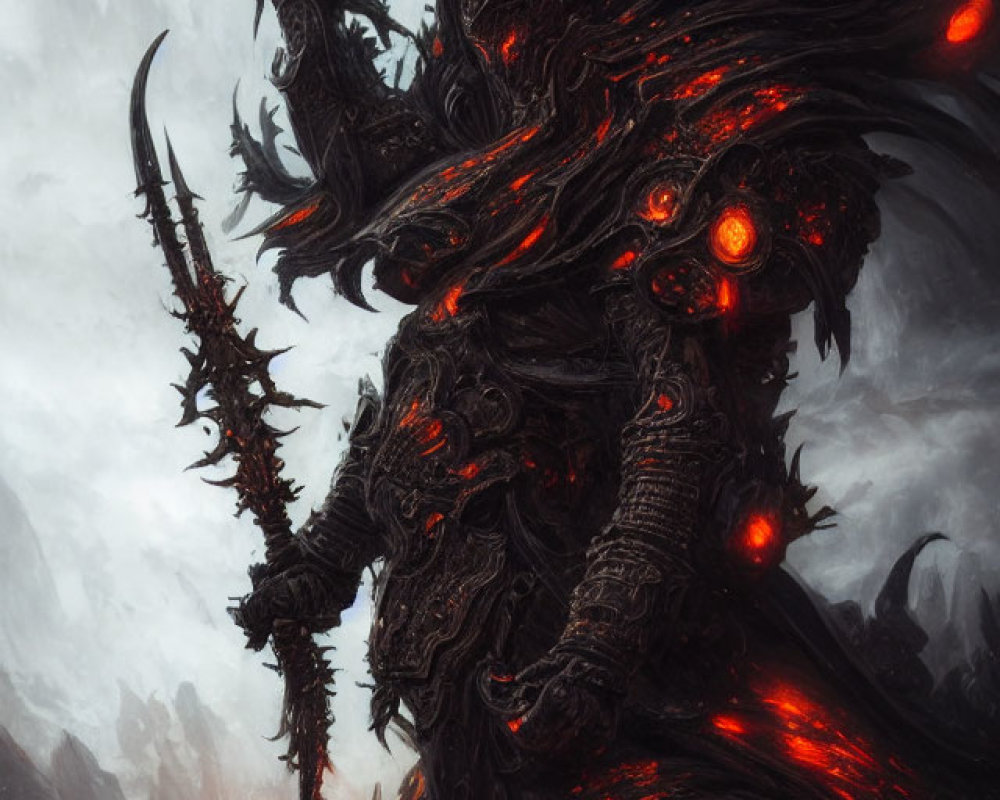 Armored dark fantasy figure with glowing red sword in misty setting