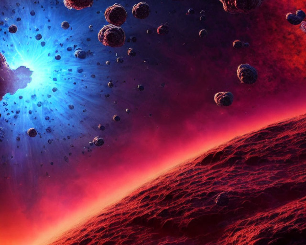 Colorful space artwork: asteroids, star explosion, red and purple planet.
