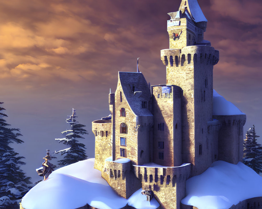 Medieval castle in snow-covered landscape at sunset