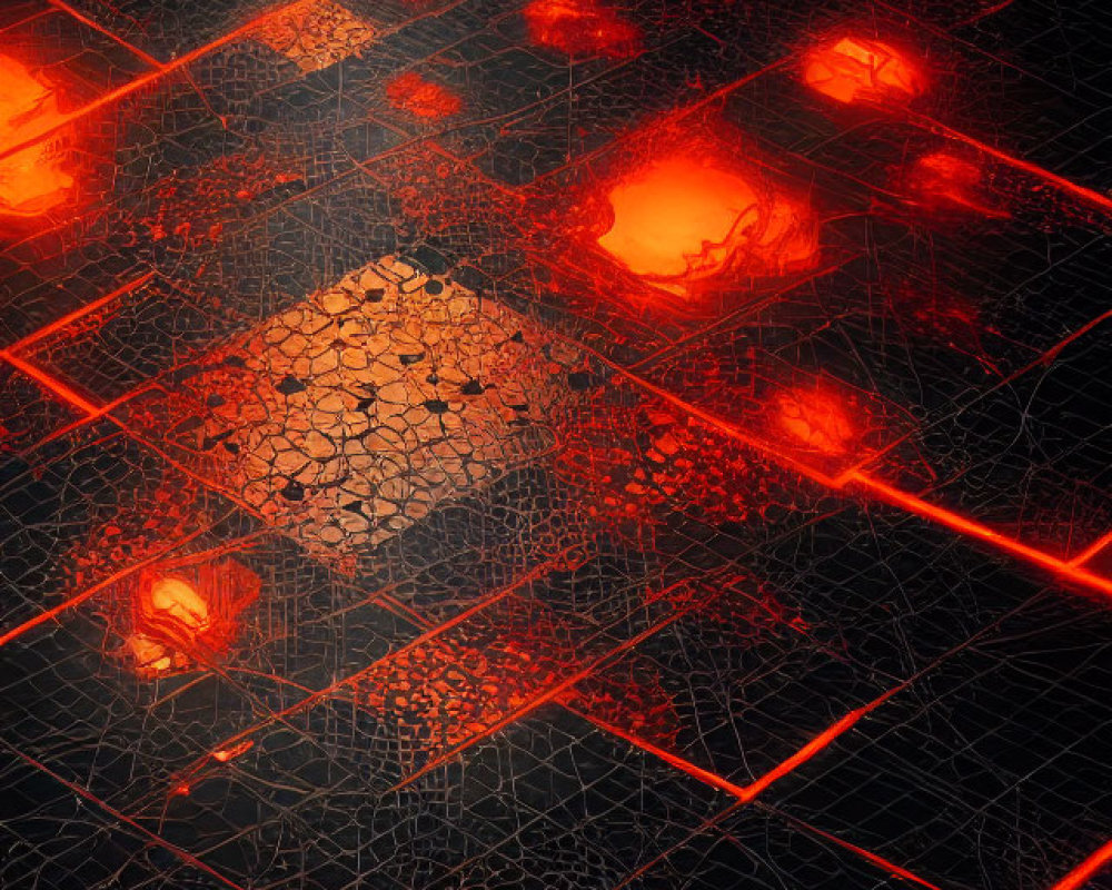 Abstract futuristic image: Dark surface with glowing red lines and cracks