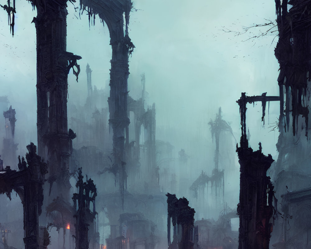 Mystical ruined city with towering structures in misty glow