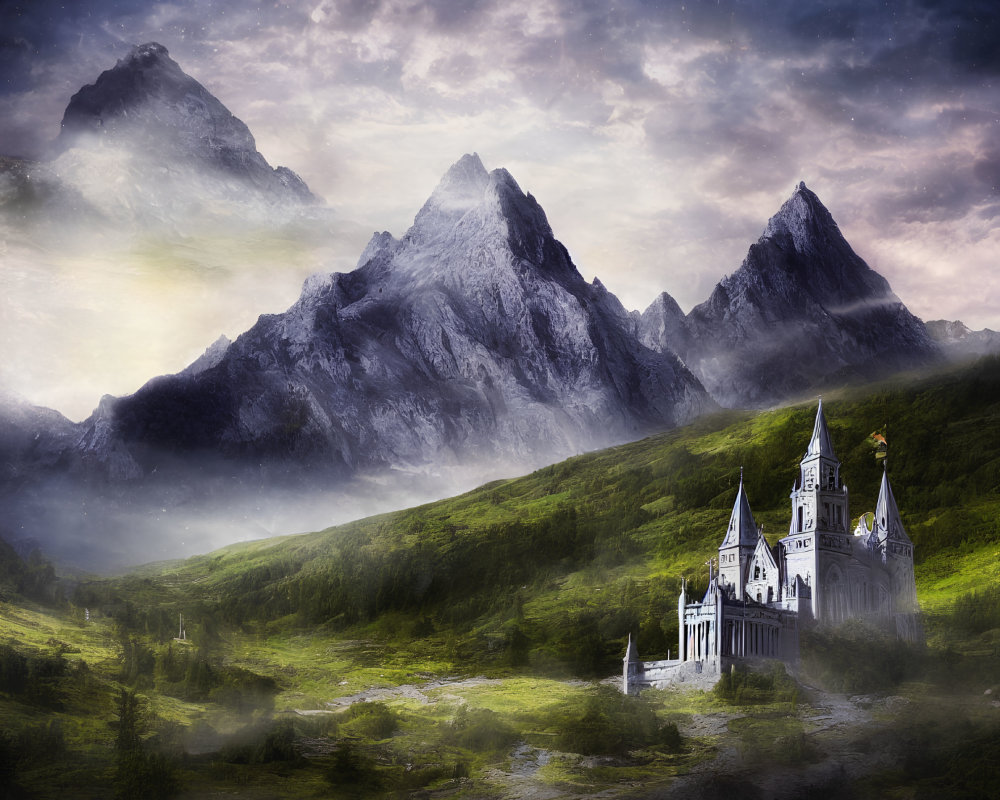 Ethereal landscape with grand white church in lush valley.